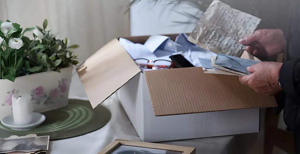 Senior sortiert persönliche Erinnerungsstücke wie Fotos und Briefe an offenem Umzugskarton - einfühlsame Unterstützung beim Seniorenumzug