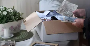 Senior sortiert persönliche Erinnerungsstücke wie Fotos und Briefe an offenem Umzugskarton - einfühlsame Unterstützung beim Seniorenumzug
