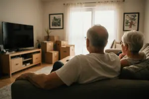 Zwei Senioren sitzen zufrieden auf dem Sofa nach einem erfolgreichen Seniorenumzug.