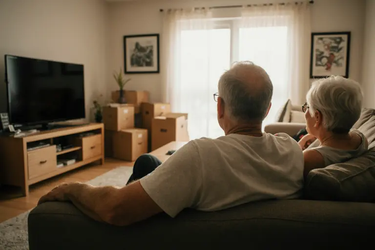 Zwei Senioren sitzen zufrieden auf dem Sofa nach einem erfolgreichen Seniorenumzug.